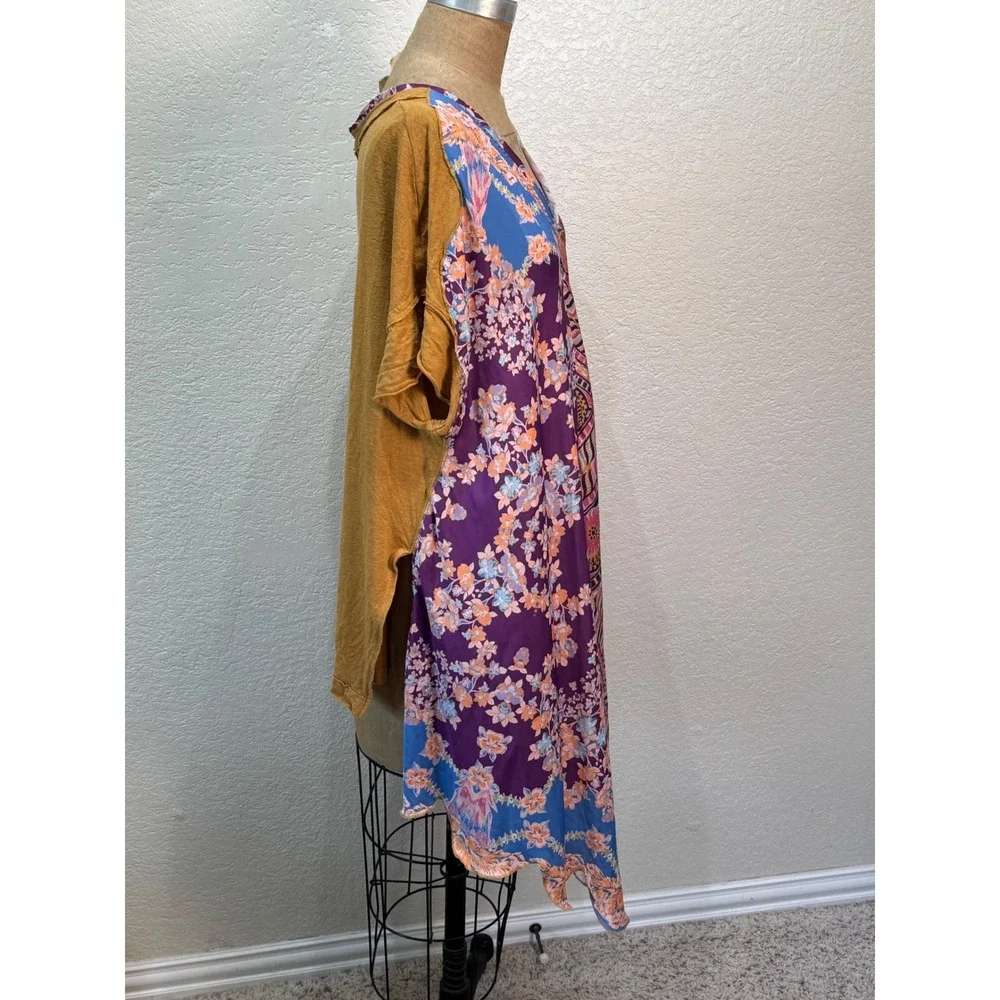Free People Women Large Mixed Print Floral Asymmetrical Mustard Top OB1704333